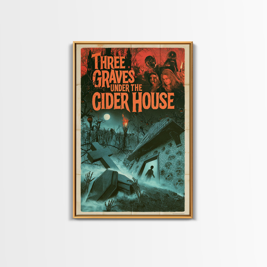 Three Graves Under The Cider House, English Language Horror Movie Poster, 1960s Horror Art, Gothic Cinema Wall Art, Framed Canvas Print