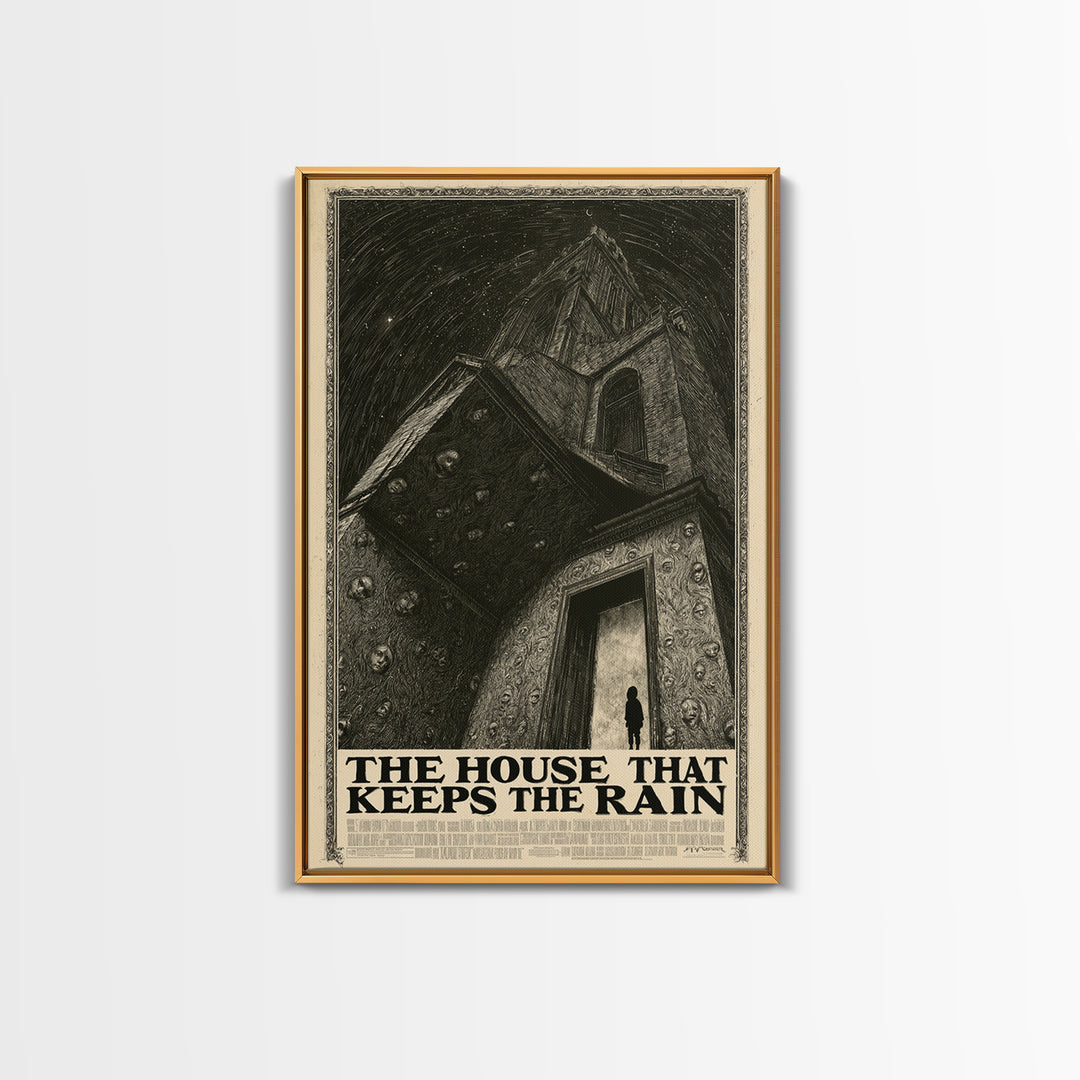 The House That Keeps The Rain, English Language Horror Movie Poster, Gothic Engraving Art, Retro Horror Movie Art, Framed Canvas Print