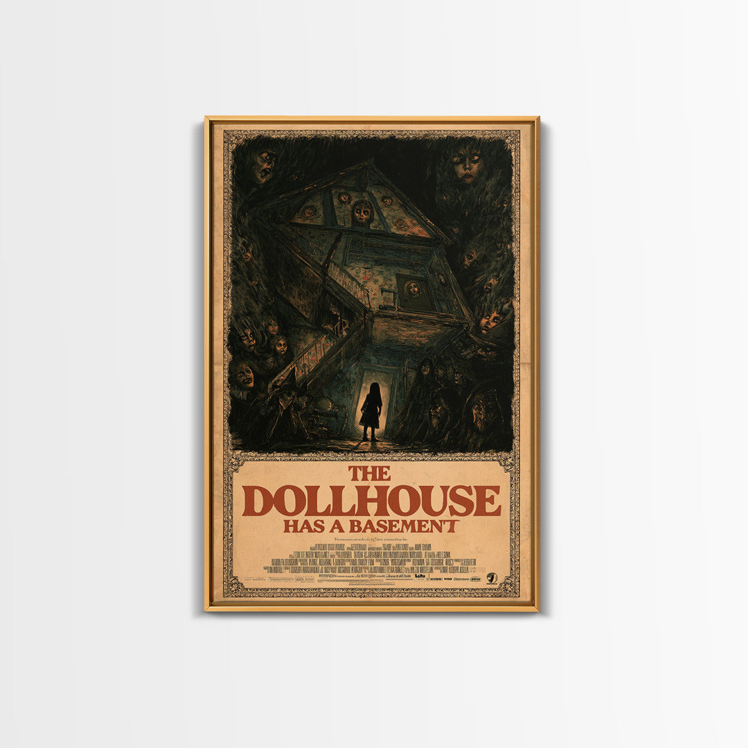 The Dollhouse Has A Basement, English Language Horror Movie Poster, Dark Romantic Horror Art, Retro Horror Movie Art, Framed Canvas Print