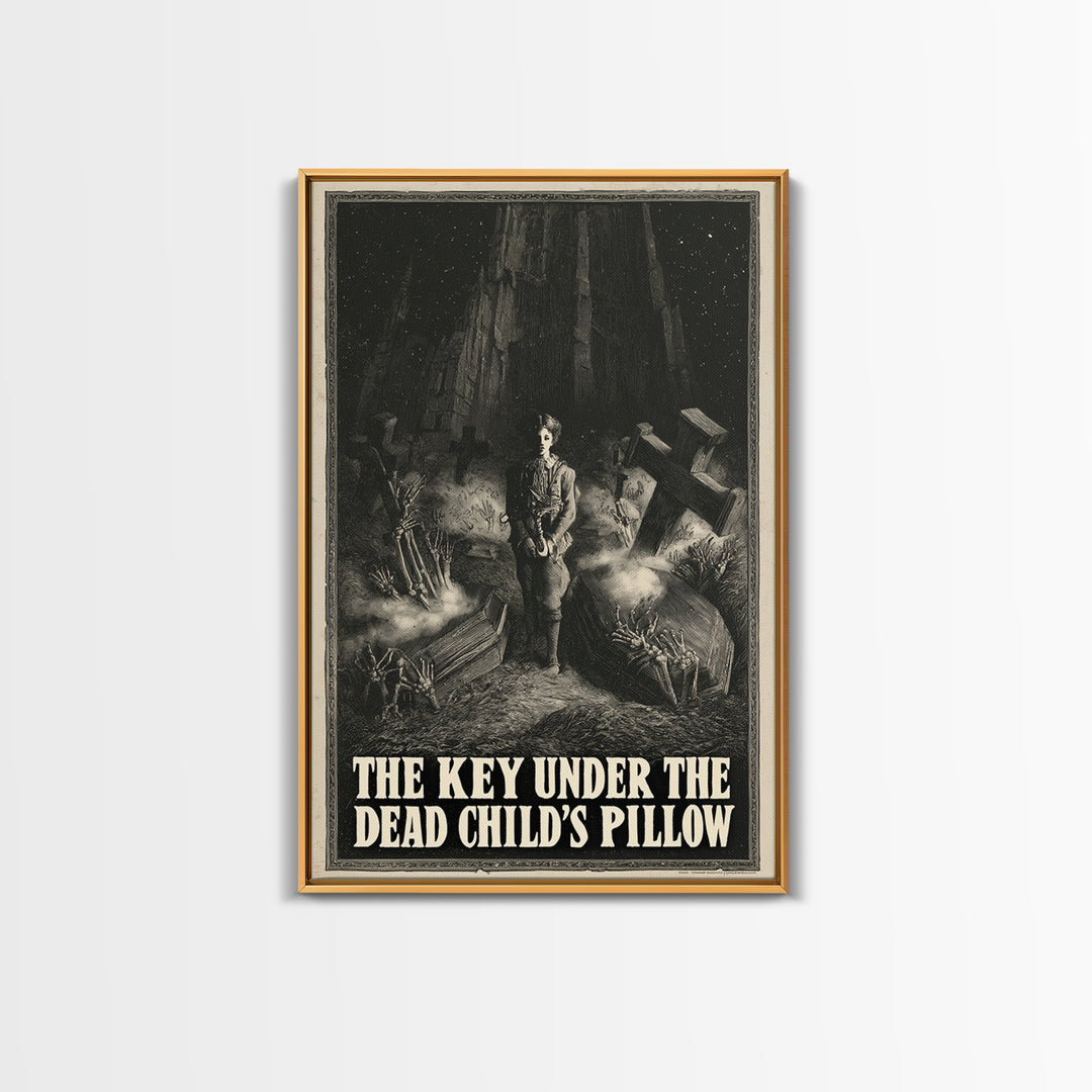 The Key Under The Dead Child'S Pillow, English Language Horror Movie Poster, Gothic Engraving Art, Retro Horror Movie Art, Canvas Print
