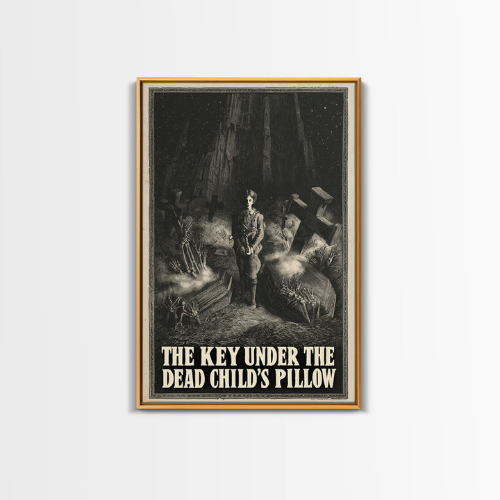 The Key Under The Dead Child'S Pillow, English Language Horror Movie Poster, Gothic Engraving Art, Retro Horror Movie Art, Canvas Print