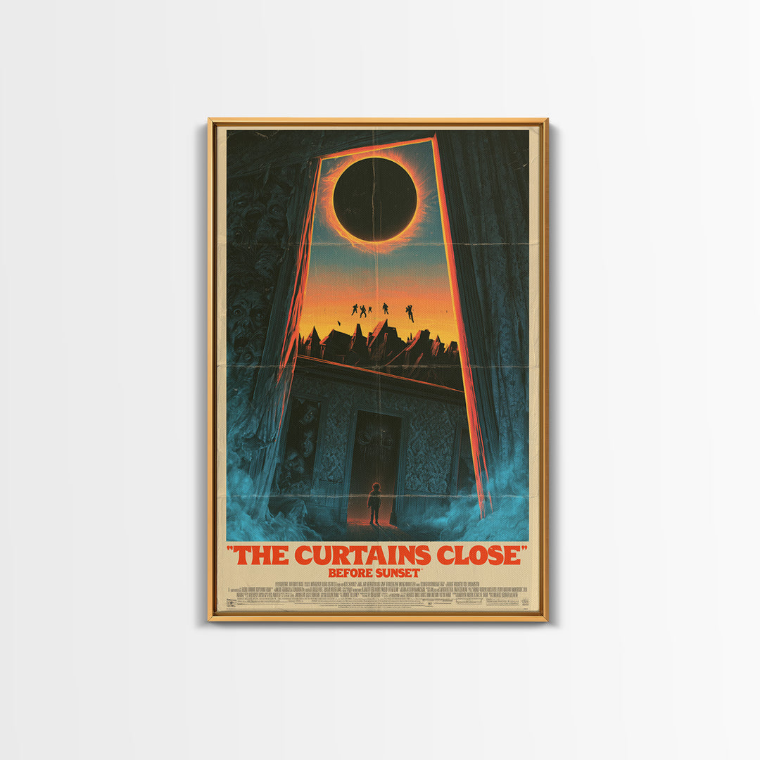 The Curtains Close Before Sunset, English Language Horror Movie Poster, 1980s Vhs Nightmare Cover Inspired Art, Cult Horror Poster