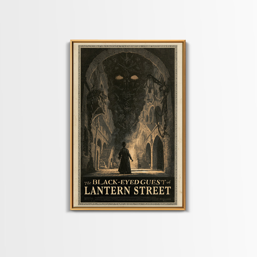 The Black-Eyed Guest Of Lantern Street, English Language Horror Movie Poster, Architectural Etching Art, Framed Canvas Print