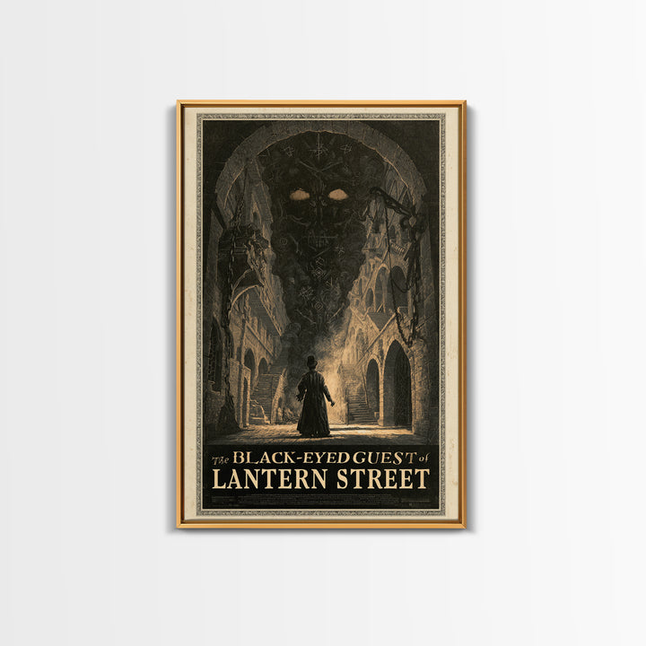 The Black-Eyed Guest Of Lantern Street, English Language Horror Movie Poster, Architectural Etching Art, Framed Canvas Print