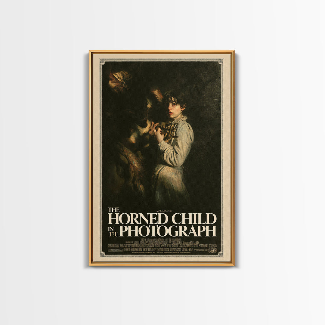 The Horned Child In The Photograph, English Language Horror Movie Poster, Gothic Nightmare Art, Gothic Cinema Wall Art, Canvas Print