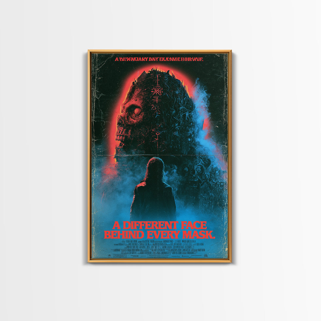 A Different Face Behind Every Mask, English Language Horror Movie Poster, 1980s Vhs Nightmare Cover Inspired Art, Classic Monster Poster