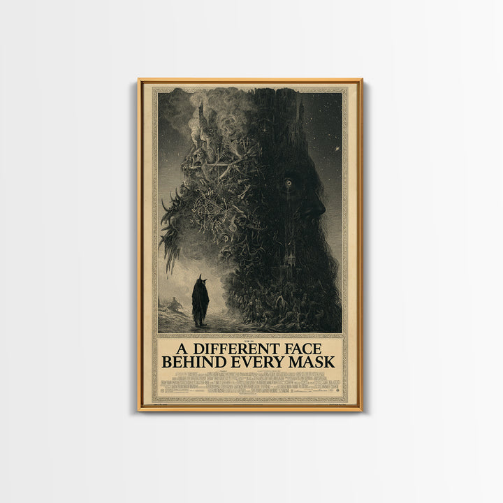 A Different Face Behind Every Mask, English Language Horror Movie Poster, Gothic Engraving Art, Gothic Cinema Wall Art