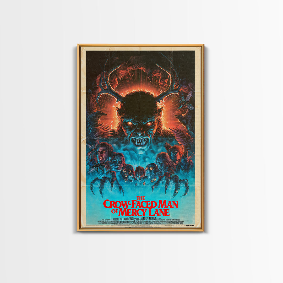 The Crow-Faced Man Of Mercy Lane, English Language Horror Movie Poster, 1980s Vhs Nightmare Cover Inspired Art, Classic Monster Poster
