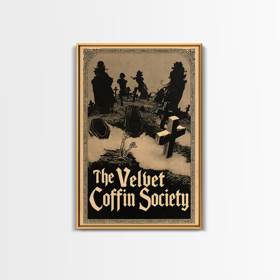 The Velvet Coffin Society, English Language Horror Movie Poster, Decadent Line Art, Gothic Cinema Wall Art, Framed Canvas Print