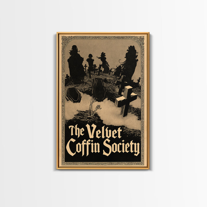 The Velvet Coffin Society, English Language Horror Movie Poster, Decadent Line Art, Gothic Cinema Wall Art, Framed Canvas Print