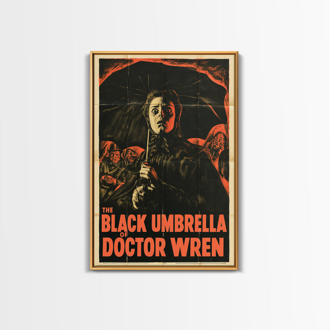 The Black Umbrella Of Doctor Wren, English Language Horror Movie Poster, 1950s Creature-Feature One-Sheet Inspired Art, Framed Canvas Print