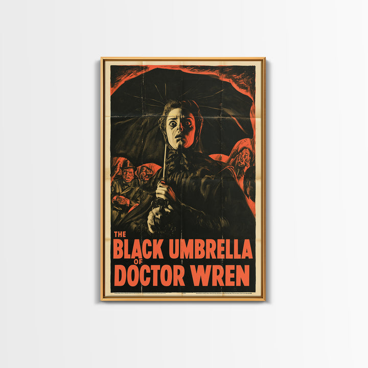 The Black Umbrella Of Doctor Wren, English Language Horror Movie Poster, 1950s Creature-Feature One-Sheet Inspired Art, Framed Canvas Print