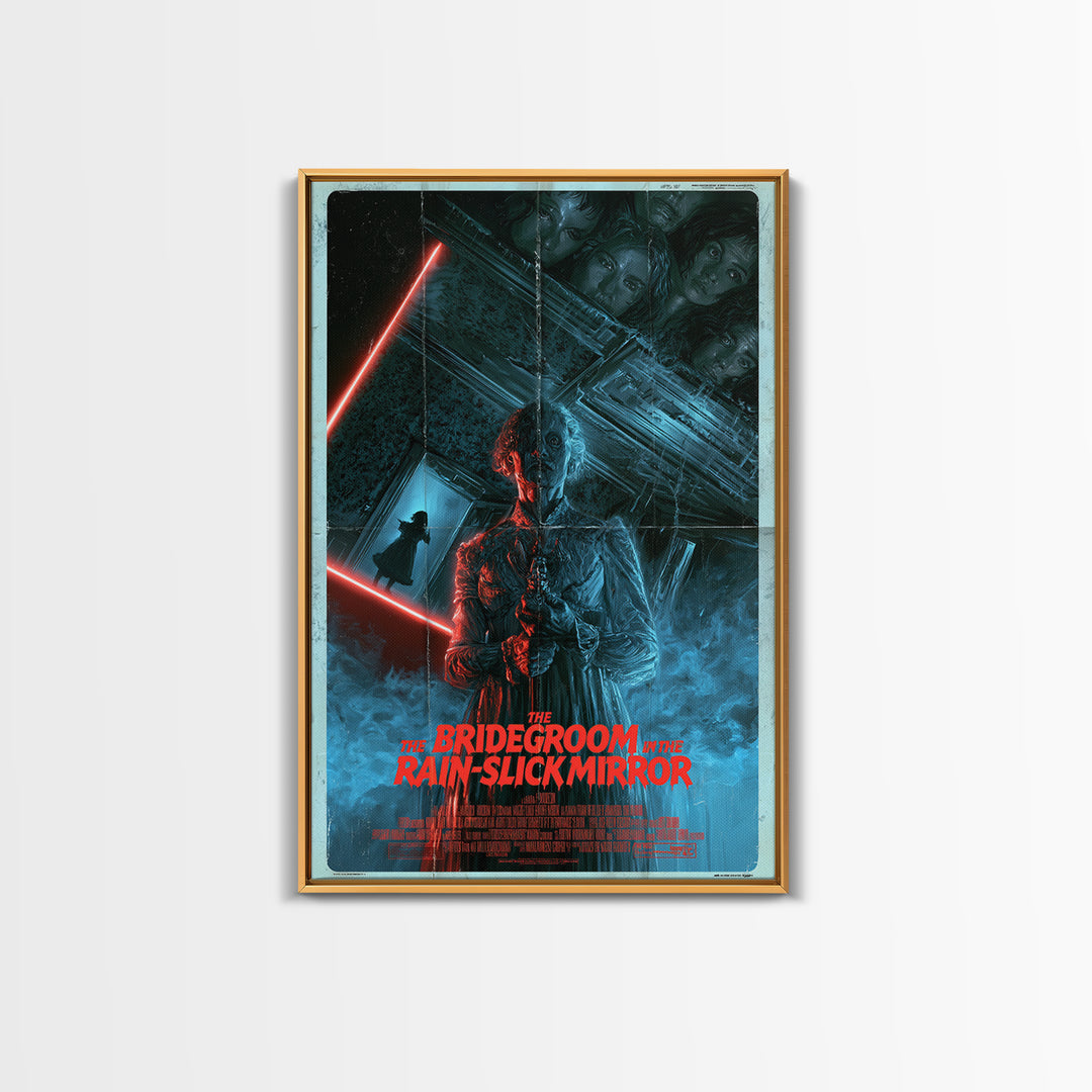 The Bridegroom In The Rain-Slick Mirror, English Language Horror Movie Poster, 1980s Vhs Nightmare Cover Inspired Art, Framed Canvas Print