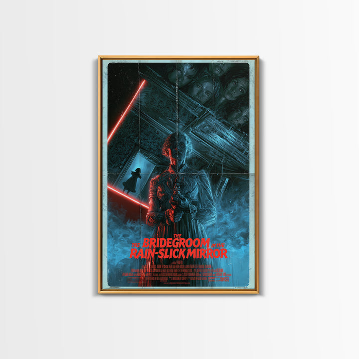 The Bridegroom In The Rain-Slick Mirror, English Language Horror Movie Poster, 1980s Vhs Nightmare Cover Inspired Art, Framed Canvas Print