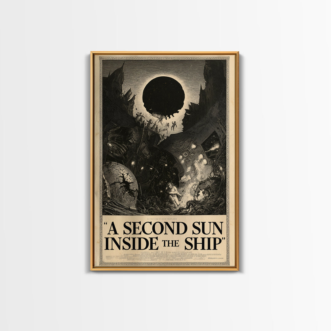 A Second Sun Inside The Ship, English Language Horror Movie Poster, Gothic Engraving Art, Classic Monster Poster, Framed Canvas Print