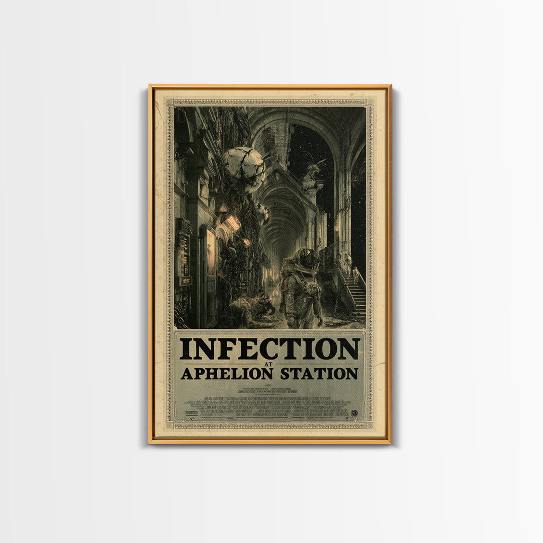 Infection At Aphelion Station, English Language Horror Movie Poster, Architectural Etching Art, Retro Horror Movie Art