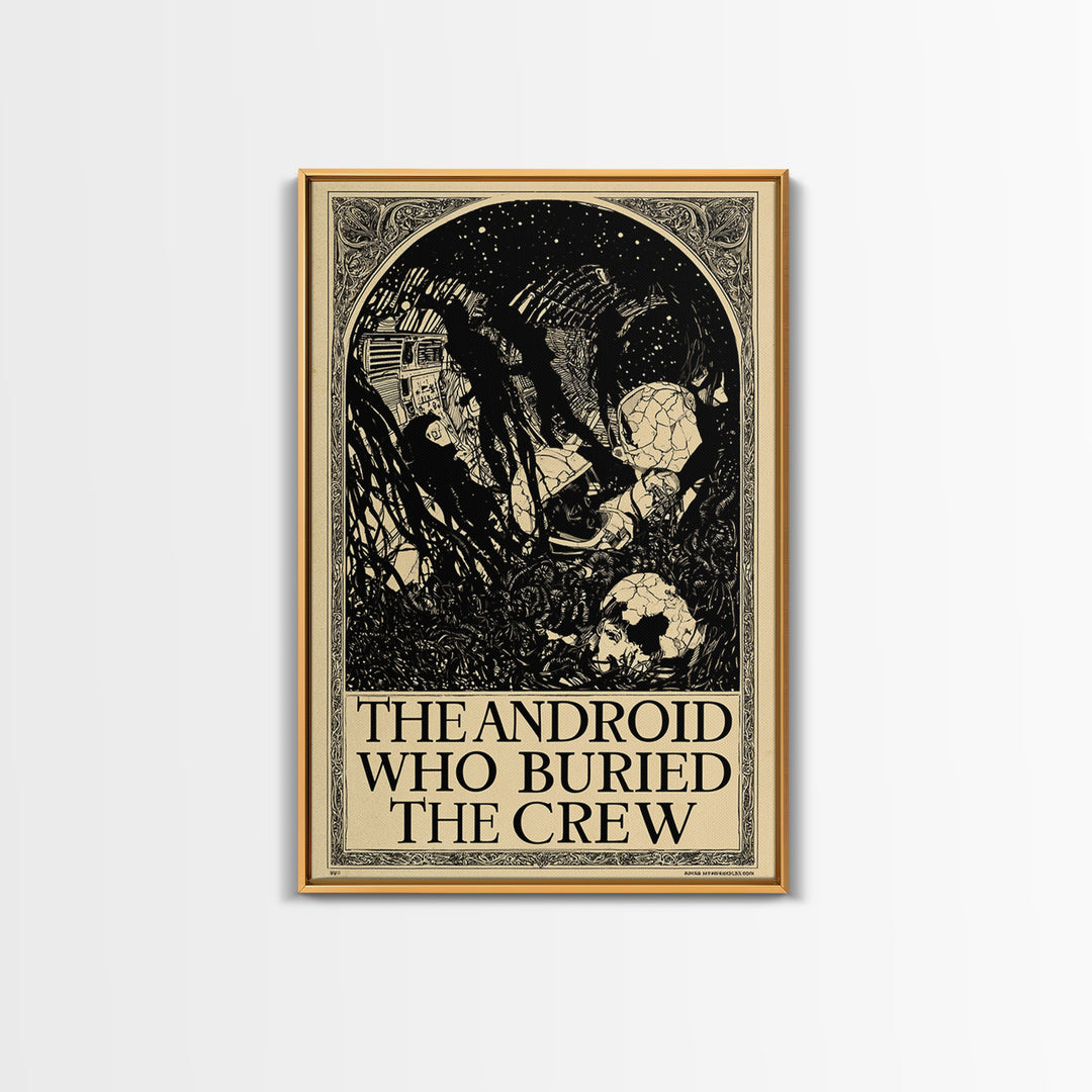 The Android Who Buried The Crew, English Language Horror Movie Poster, Decadent Line Art, Classic Monster Poster, Canvas Print