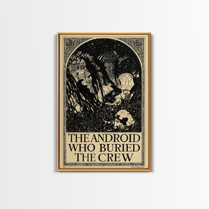 The Android Who Buried The Crew, English Language Horror Movie Poster, Decadent Line Art, Classic Monster Poster, Canvas Print