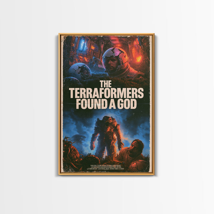 The Terraformers Found A God, English Language Horror Movie Poster, 1980s Vhs Nightmare Cover Inspired Art, Retro Horror Movie Art
