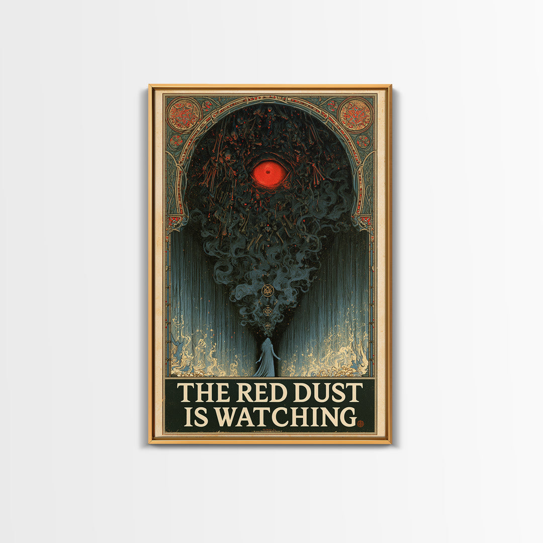 The Red Dust Is Watching, English Language Horror Movie Poster, Stained Glass Gothic Art, Retro Horror Movie Art, Framed Canvas Print