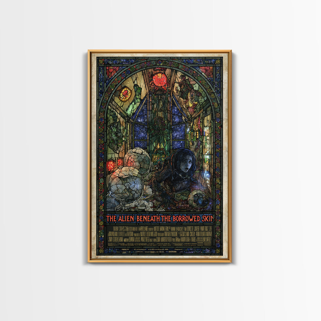The Alien Beneath The Borrowed Skin, English Language Horror Movie Poster, Stained Glass Gothic Art, Gothic Cinema Wall Art