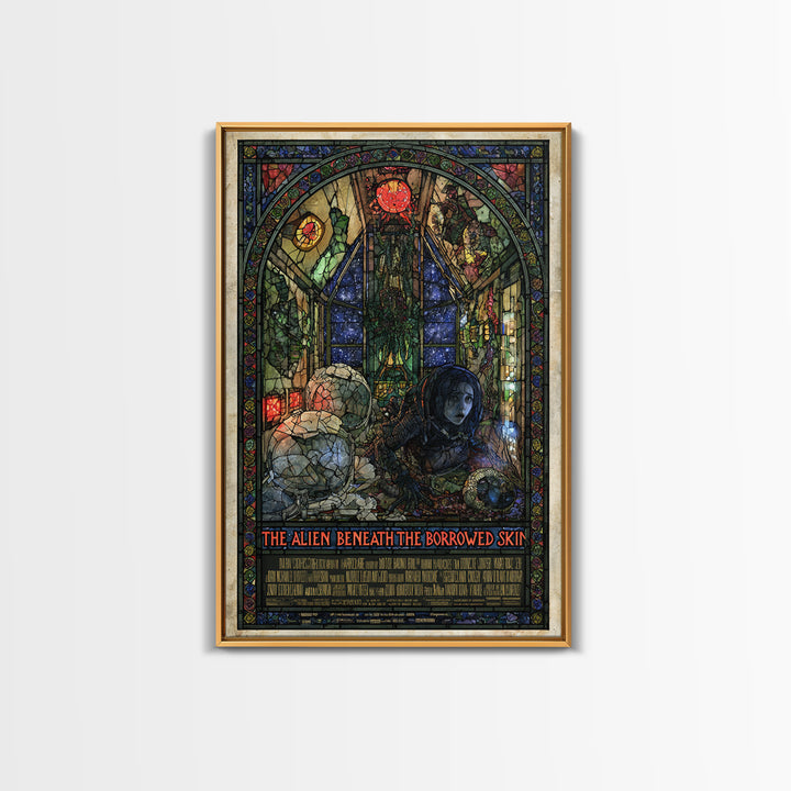 The Alien Beneath The Borrowed Skin, English Language Horror Movie Poster, Stained Glass Gothic Art, Gothic Cinema Wall Art