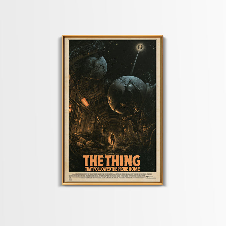 The Thing That Followed The Probe Home, English Language Horror Movie Poster, Gothic Engraving Art, Classic Monster Poster