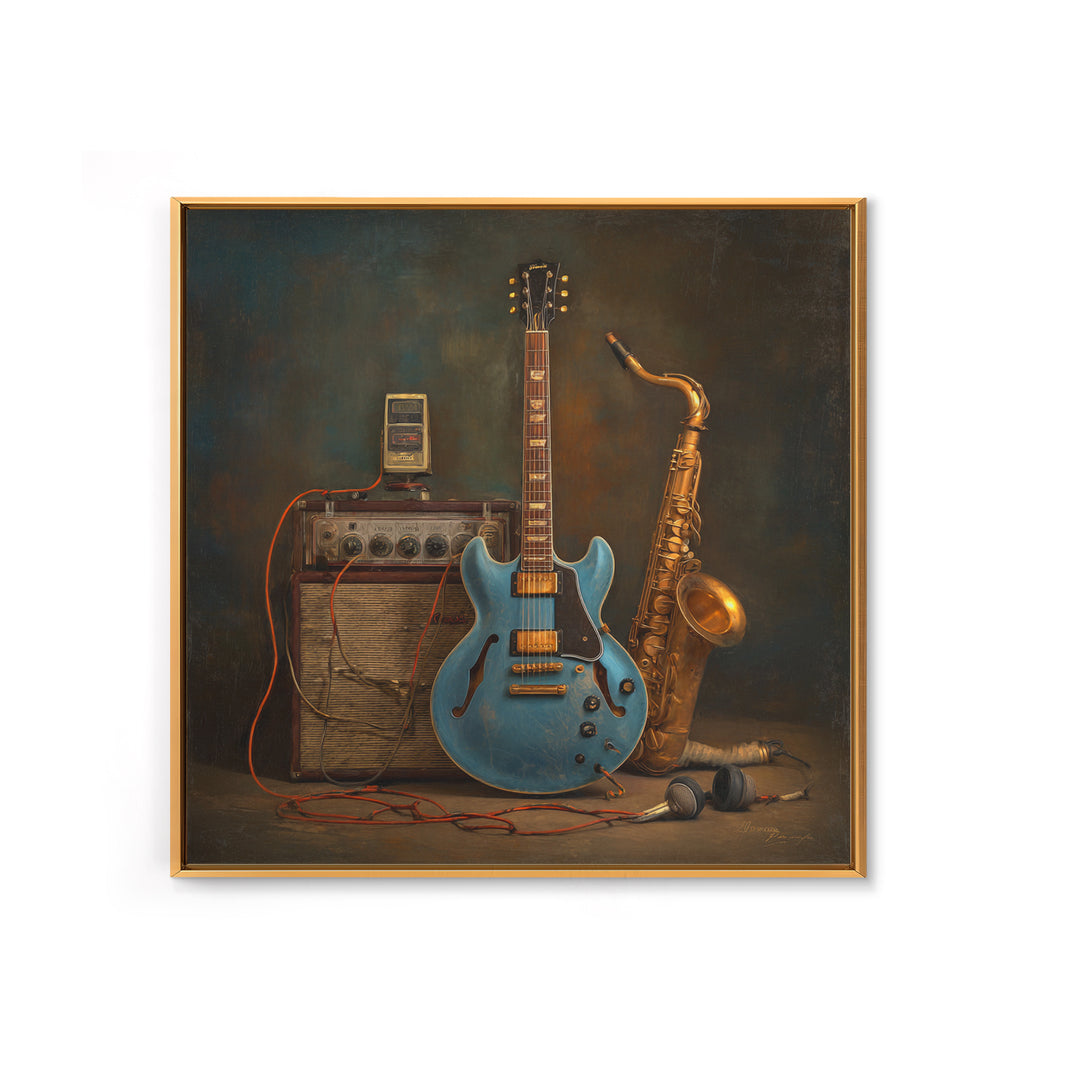 Electric Guitar Pedals and Cables Graphic Art Framed Canvas Print, Music Studio Art, Teen Room Decor, Studio Decor, Rhythm, MSA-1x1-21