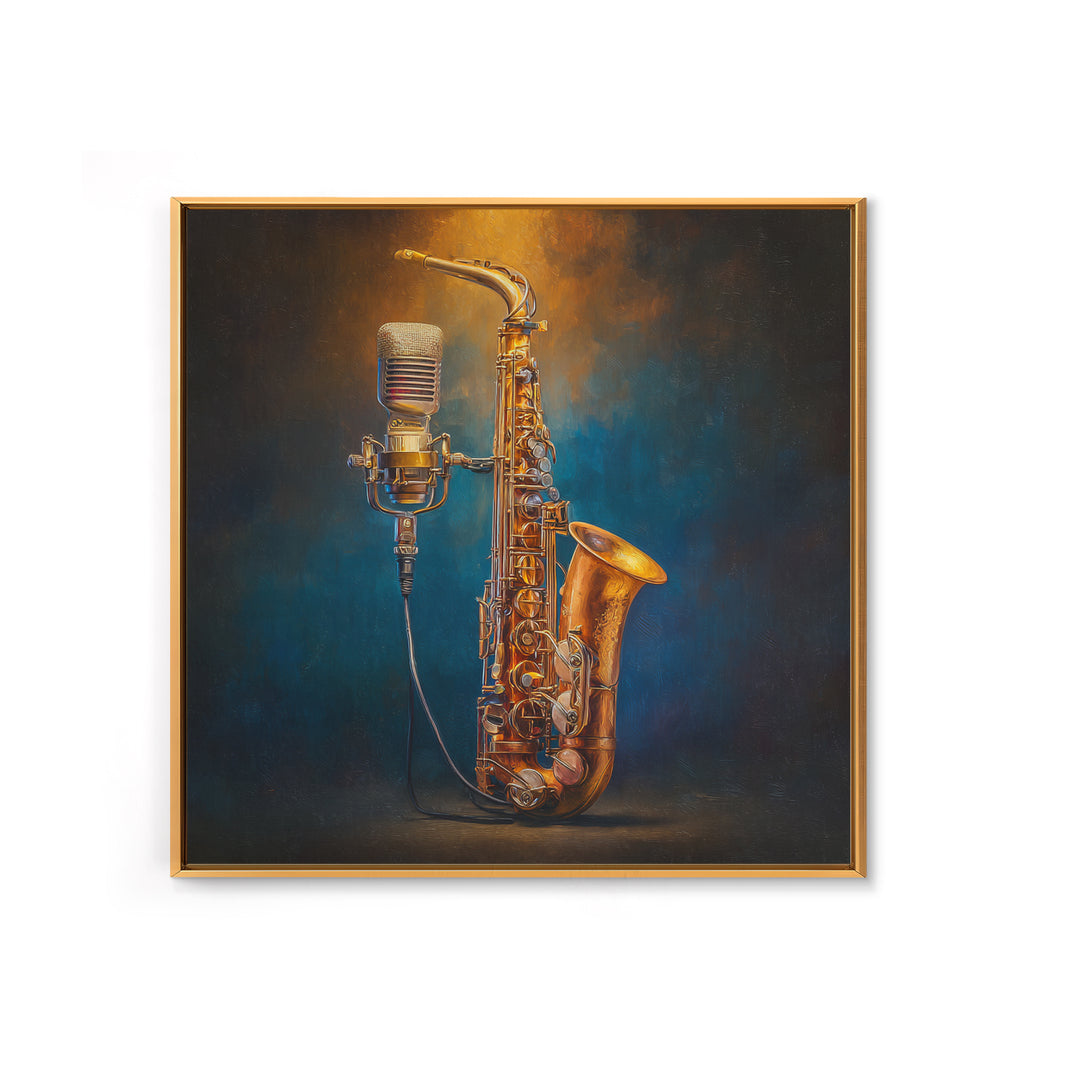 Microphone Portrait with Golden Spotlight Canvas Print, Music Studio Art, Painting from Photo, Studio Decor, Fine Art, Rhythm, MSA-1x1-31