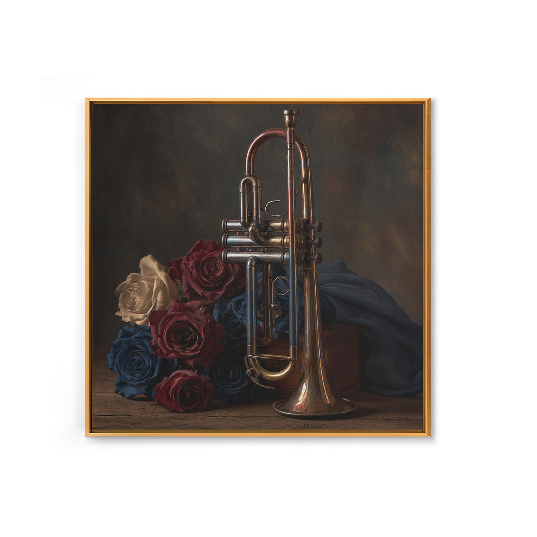 Trumpet and Roses Framed Canvas Print, Music Studio Art, Gallery Decor, Studio Decor, Fine Art, Rhythm, Contemporary Art, MSA-1x1-32