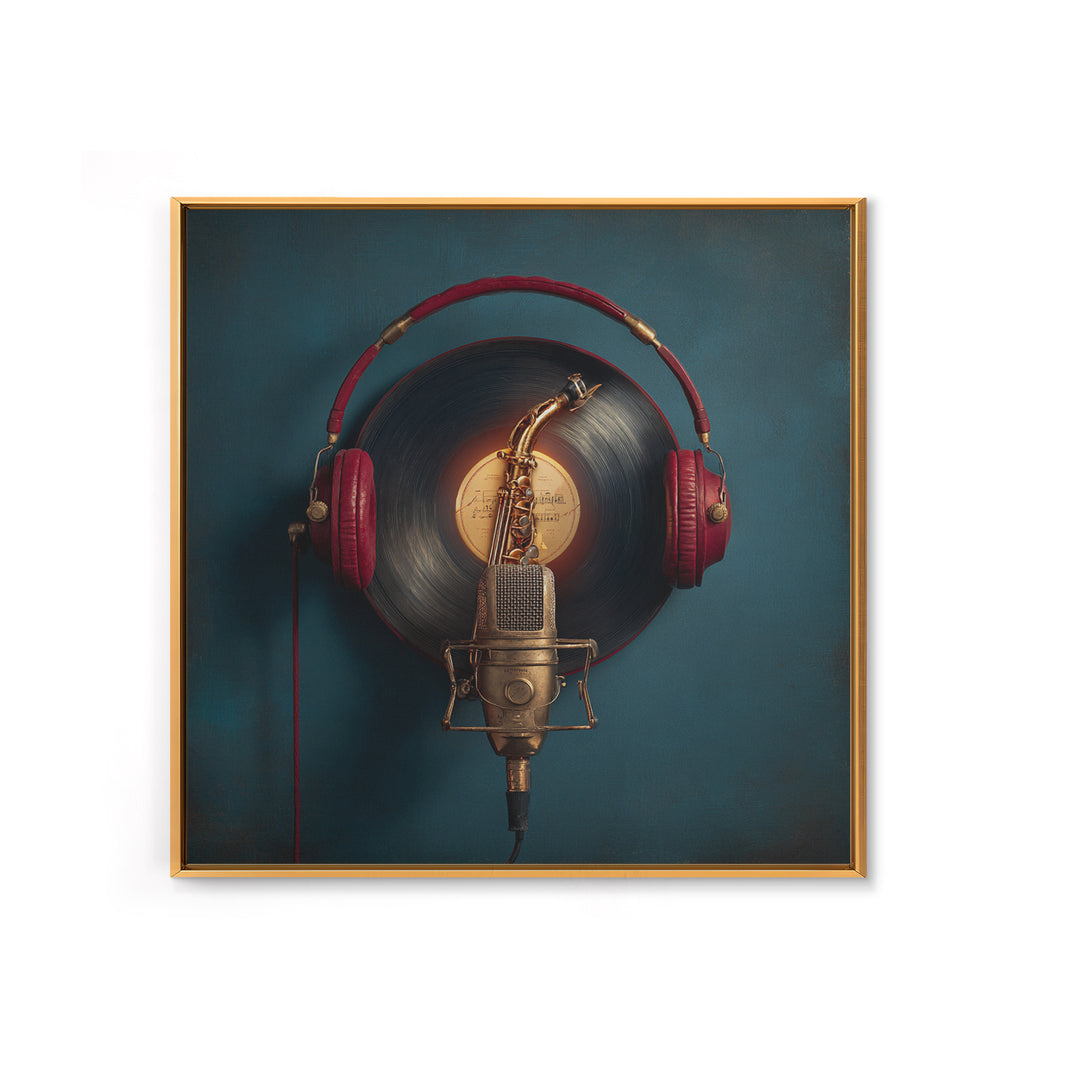 Headphones Around a Glowing Record Canvas Print, Music Studio Art, Music Posters, Studio Decor, Fine Art, Rhythm, Music Lover, MSA-1x1-35