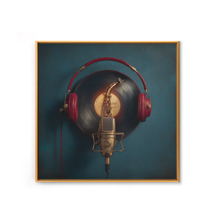 Headphones Around a Glowing Record Canvas Print, Music Studio Art, Music Posters, Studio Decor, Fine Art, Rhythm, Music Lover, MSA-1x1-35
