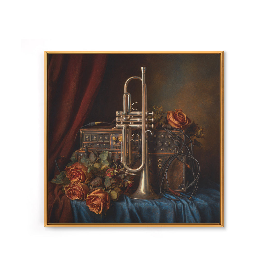Trumpet and Roses Framed Canvas Print, Music Studio Art, Modern Wall Art, Studio Decor, Rhythm, Boho Art, Travel Wall Art, MSA-1x1-56