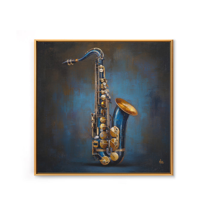 Jazz Saxophone with Smoky Blue Background Framed Canvas Print, Music Studio Art, Music Lover, Studio Decor, Fine Art, Rhythm, MSA-1x1-74
