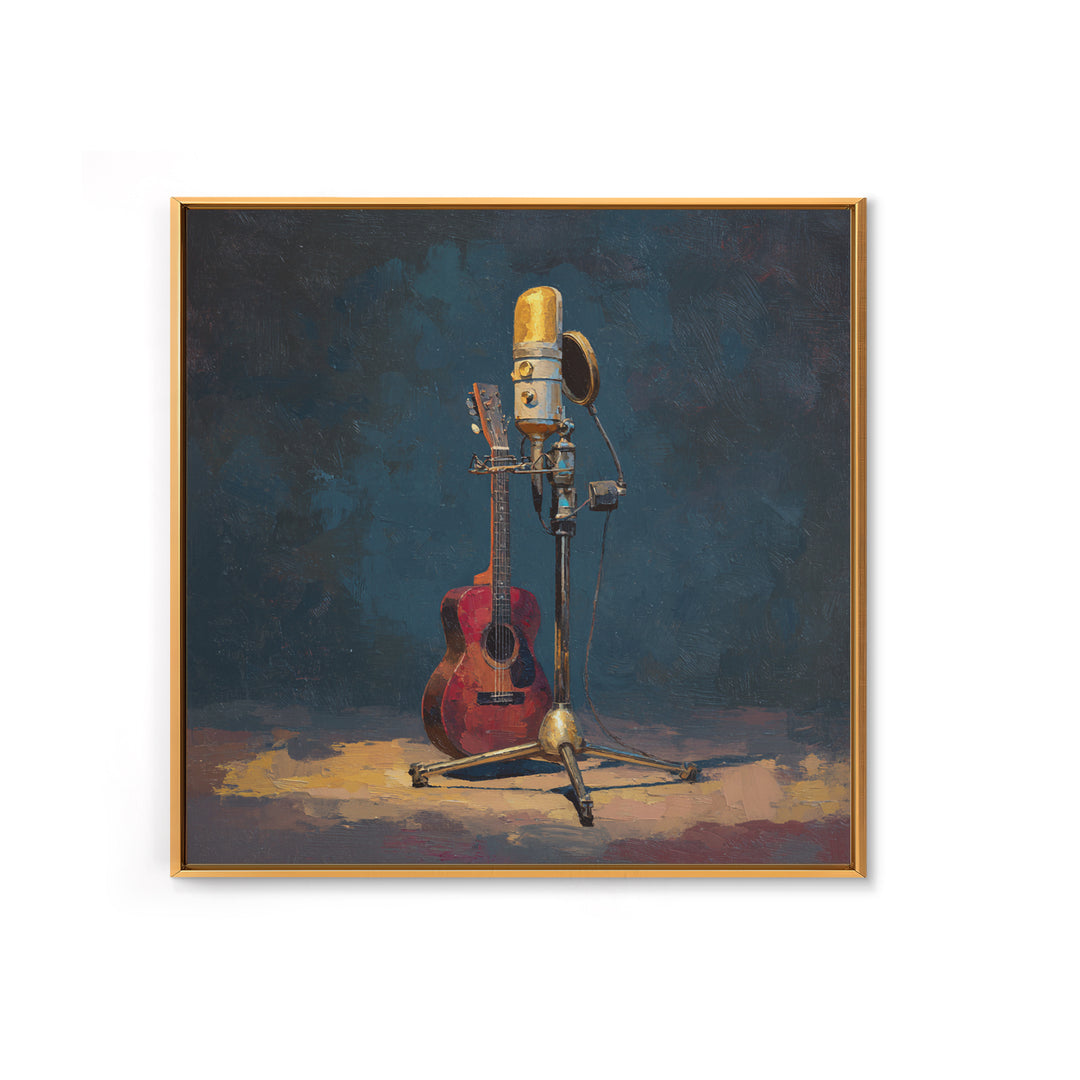 Microphone Portrait with Golden Spotlight Framed Canvas Print, Music Studio Art, Fine Art Print, Studio Decor, Fine Art, Rhythm, MSA-1x1-79