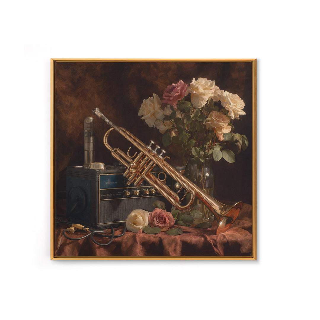 Trumpet and Roses Framed Canvas Print, Music Studio Art, Printable Art, Studio Decor, Rhythm, Music Art, Man Cave Decor, MSA-1x1-8