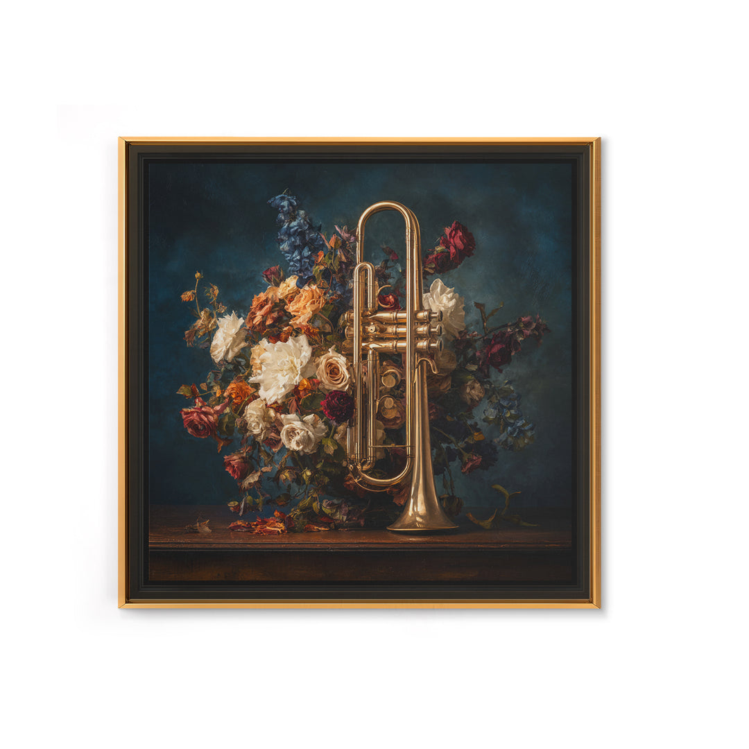 Trumpet and Roses Framed Canvas Print, Music Studio Art, Modern Decor, Studio Decor, Fine Art, Rhythm, Home Decor, Wall Decor, MSA-1x1-80