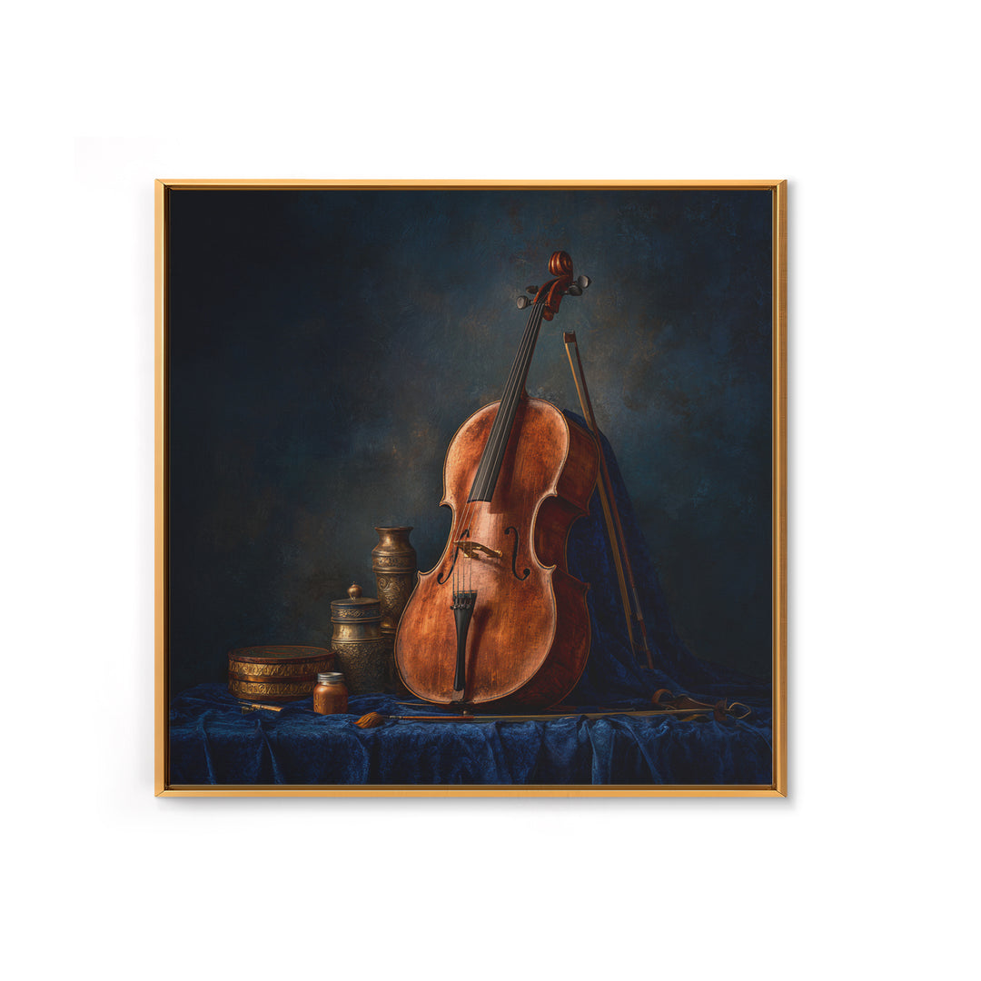 Cello Leaning Against Dark Velvet Backdrop Canvas Print, Music Studio Art, Textured Painting, Studio Decor, Fine Art, Rhythm, MSA-1x1-81