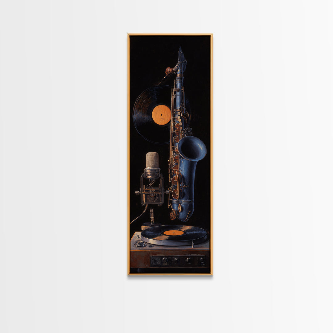Vinyl Record and Turntable Still Life Framed Canvas Print, Music Studio Art, Home Decor, Studio Decor, Abstract Art, Rhythm, MSA-1x3-15