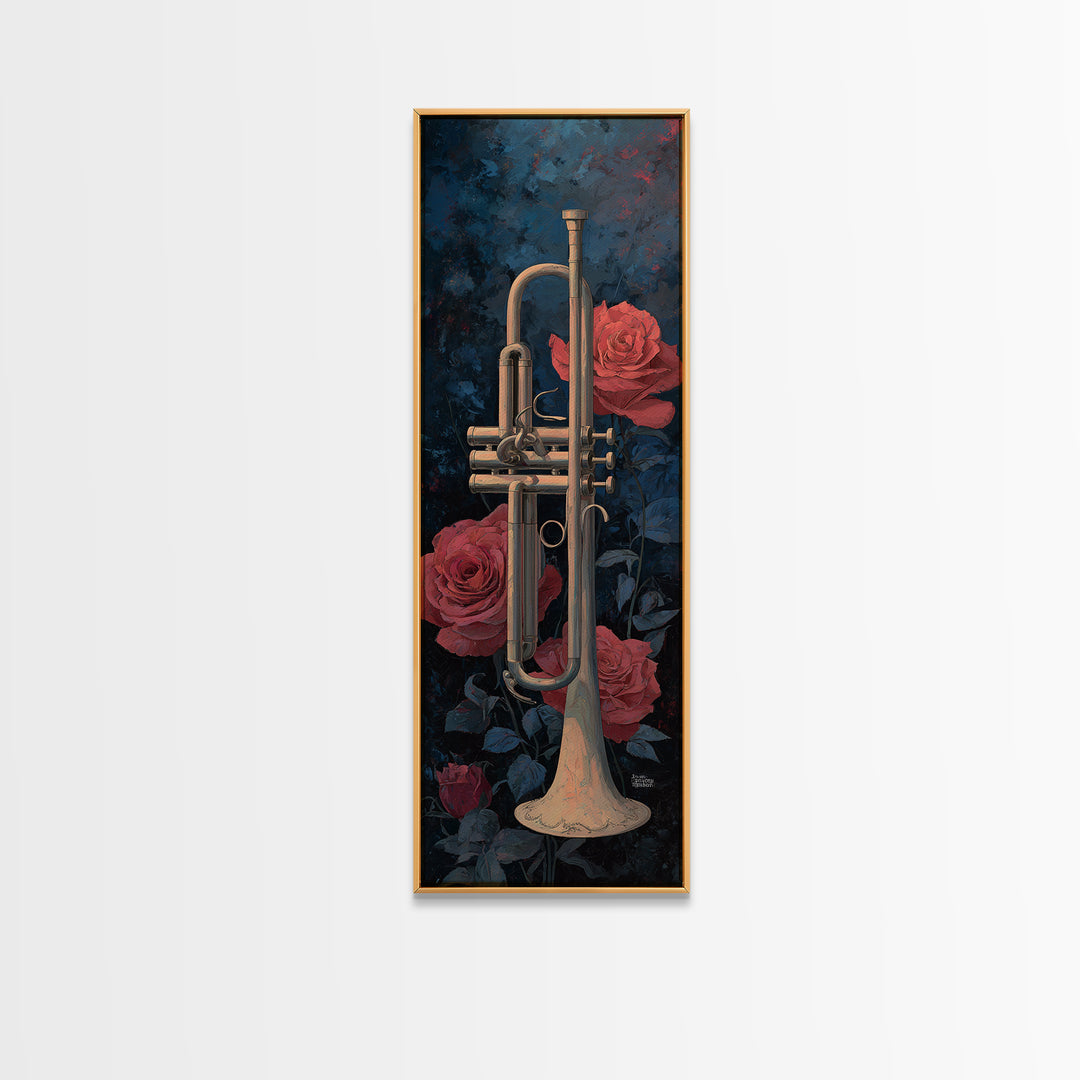 Trumpet and Roses Framed Canvas Print, Music Studio Art, Luxury Decor, Studio Decor, Fine Art, Rhythm, Art Commission, MSA-1x3-20