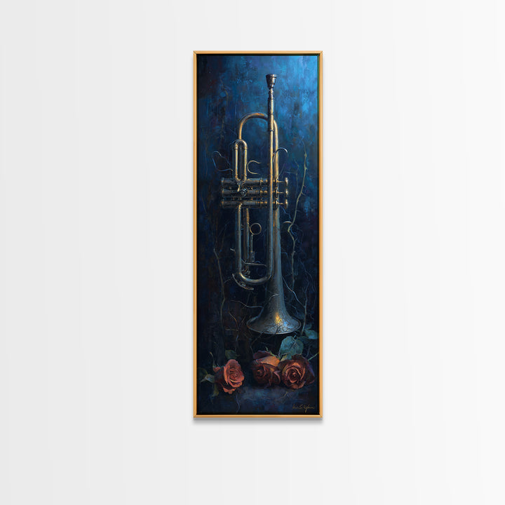 Trumpet and Roses Canvas Print, Music Studio Art, Contemporary Art, Studio Decor, Rhythm, Music Poster, Trendy Wall Art, MSA-1x3-44
