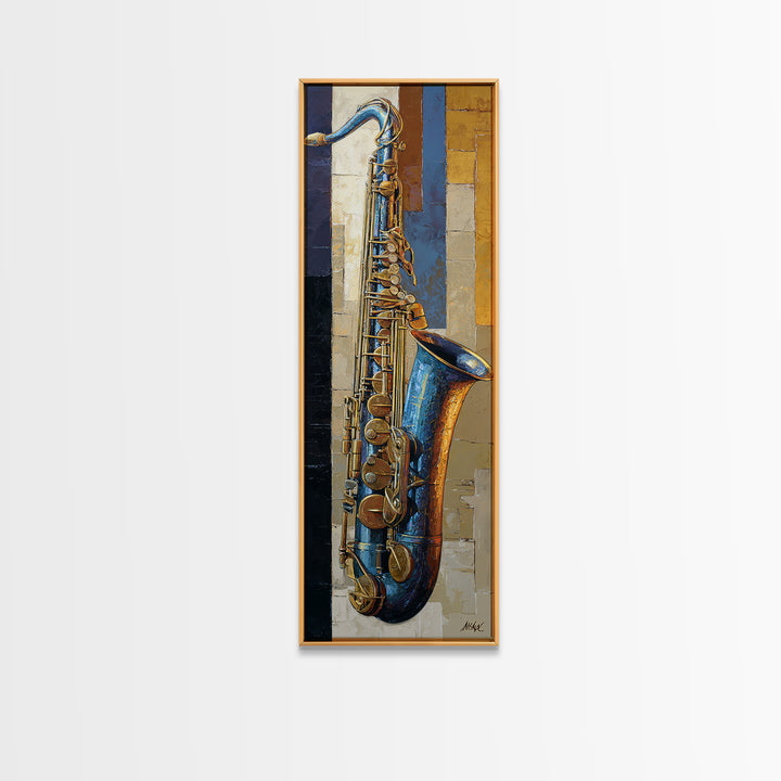 Jazz Saxophone with Smoky Blue Background Framed Canvas Print, Music Studio Art, Neutral Decor, Studio Decor, Fine Art, Rhythm, MSA-1x3-62