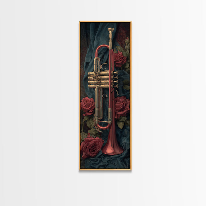 Trumpet and Roses Framed Canvas Print, Music Studio Art, Painting from Photo, Studio Decor, Rhythm, Gifts for Musicians, MSA-1x3-92