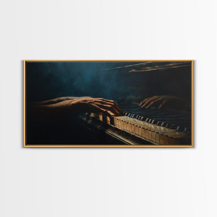 Piano Keys with Hands in Cinematic Shadow Framed Canvas Print, Music Studio Art, Home Decor, Studio Decor, Fine Art, Rhythm, MSA-2x1-25