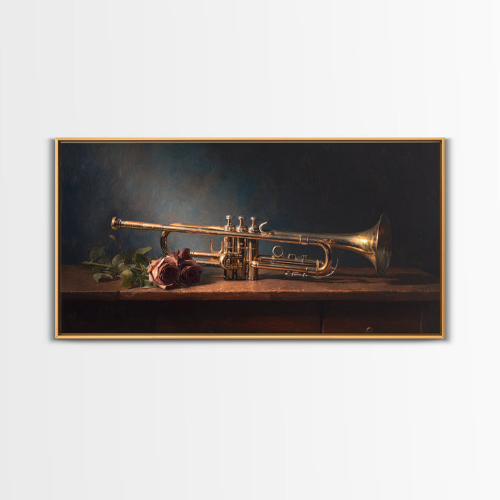 Trumpet and Roses Framed Canvas Print, Music Studio Art, Minimalist Decor, Studio Decor, Fine Art, Rhythm, Scripture Wall Art, MSA-2x1-28