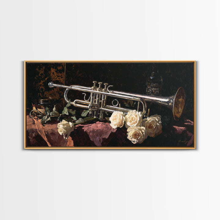 Trumpet and Roses Canvas Print, Music Studio Art, Printable Wall Art, Studio Decor, Fine Art, Rhythm, Painting from Photo, MSA-2x1-52