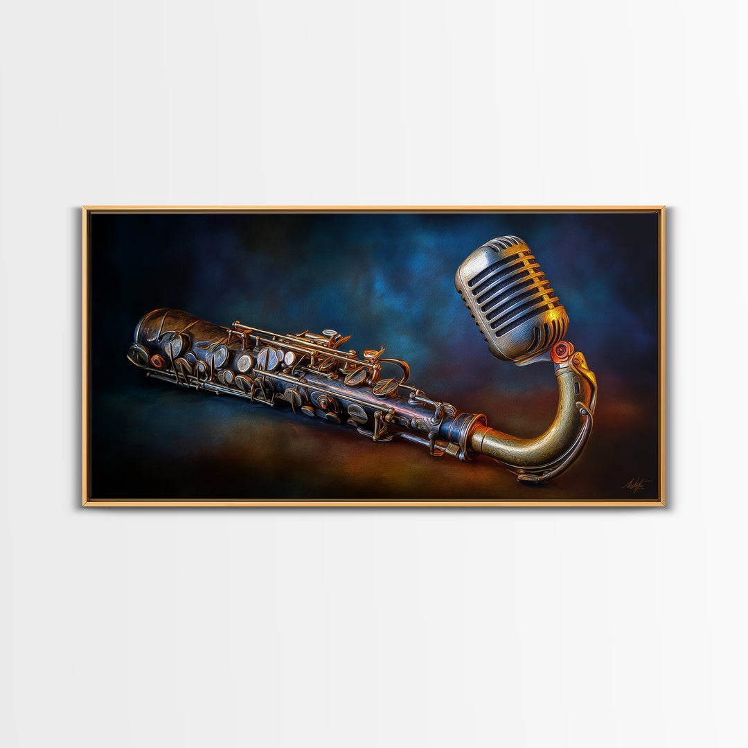 Microphone Portrait with Golden Spotlight Framed Canvas Print, Music Studio Art, Boho Decor, Studio Decor, Oil Painting, Rhythm, MSA-2x1-75