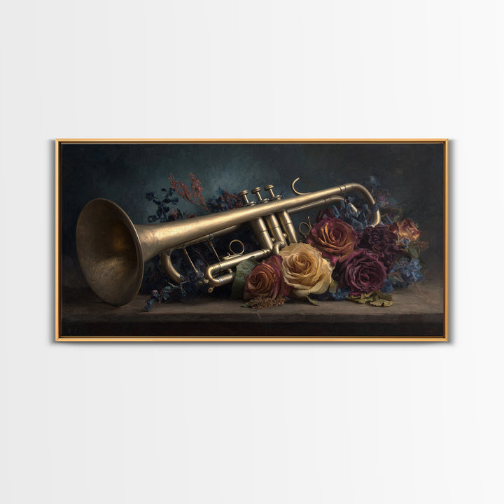 Trumpet and Roses Canvas Print, Music Studio Art, Digital Download Art, Studio Decor, Fine Art, Rhythm, Music Lover Gift, MSA-2x1-76