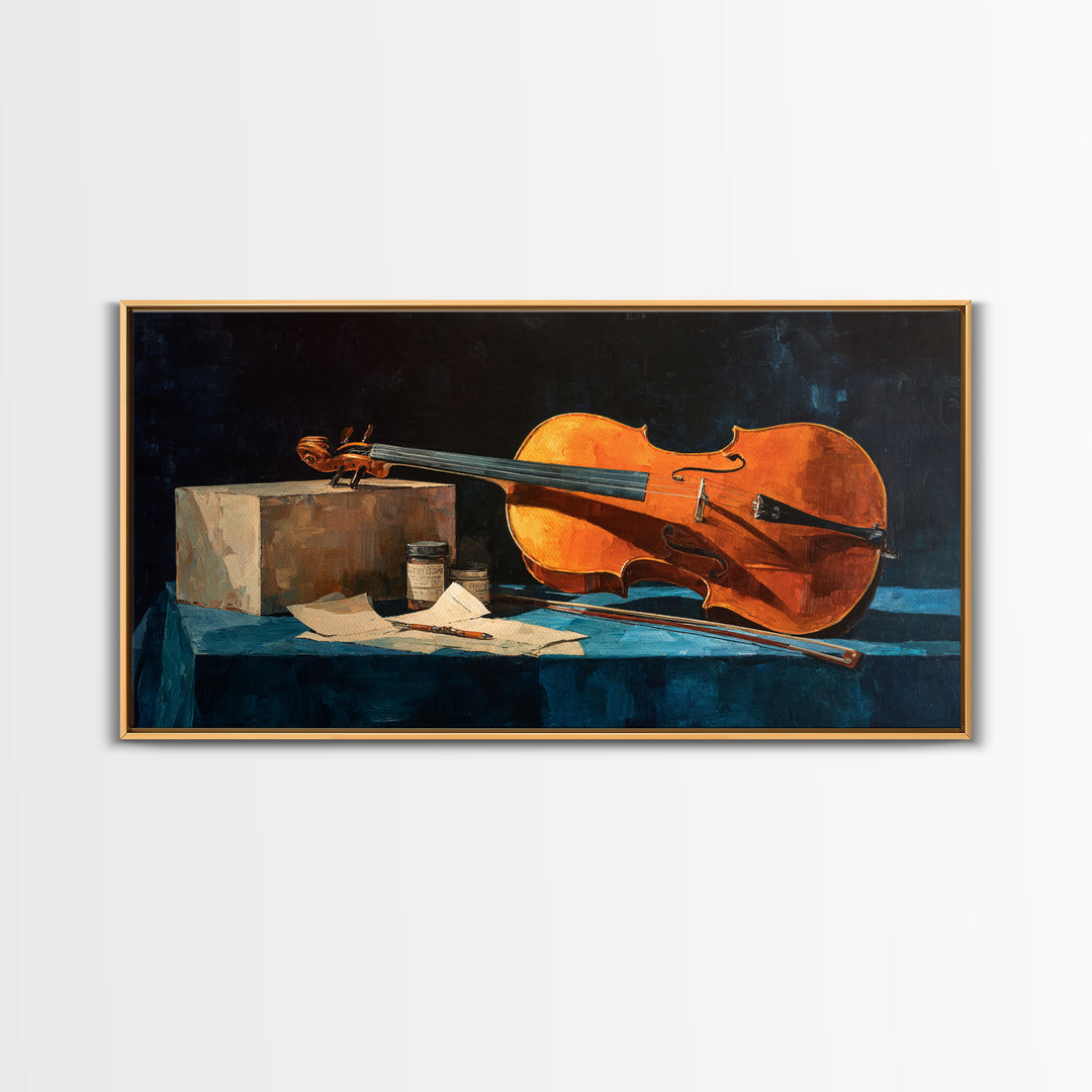 Cello Leaning Against Dark Velvet Backdrop Canvas Print, Music Studio Art, Printable Art, Studio Decor, Oil Painting, Rhythm, MSA-2x1-77