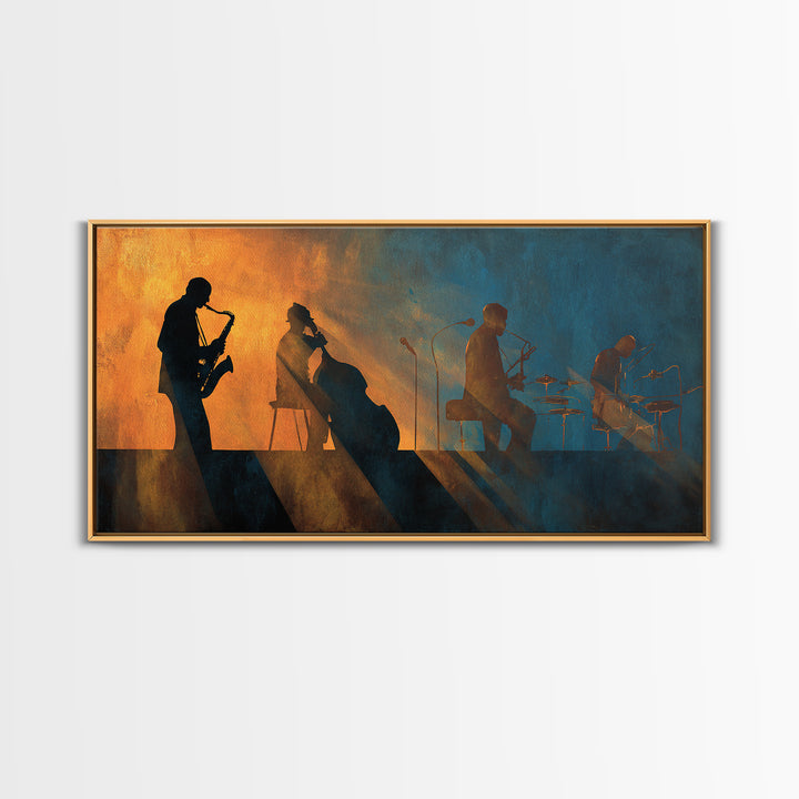 Jazz Quartet Silhouettes Framed Canvas Print, Music Studio Art, Studio Decor, Oil Painting, Rhythm, Wall Art Printable, MSA-2x1-90